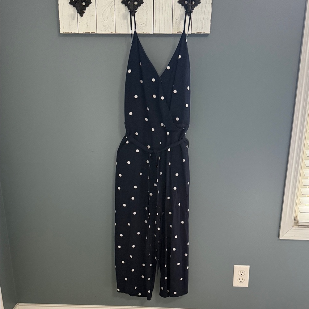 LOFT Navy Blue Polka Dot Wrap Jumpsuit with pockets, cropped length